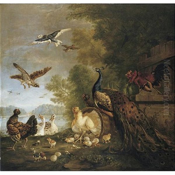 A Company Of Birds In A Parkland Setting, Including A Peacock, Hens And Their Chicks - view 1