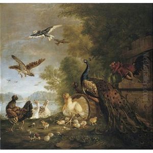 A Company Of Birds In A Parkland Setting, Including A Peacock, Hens And Their Chicks