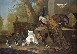 A Peacock And Peahen, Cockerels, Hens, A Pigeon And Other Birds In An Ornamental Park by Pieter Casteels III