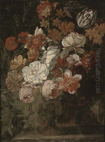 Parrot Tulips, Roses, Narcissi And Other Flowers In A Vase On A Ledge - view 1