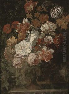 Parrot Tulips, Roses, Narcissi And Other Flowers In A Vase On A Ledge