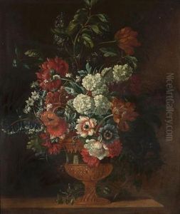 Tulips, Poppies, Delphiniums, Lilac And Other Flowers In A Gilt-mounted Ormolu Vase On A Wooden Ledge