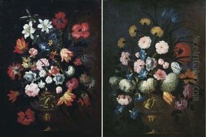 Carnations, Pink Roses, Irises And Other Flowers In A Sculpted Vase On A Ledge (+ Poppies, Tulips, Lilies And Other Flowers In A Sculpted Vase On A Ledge; Pair) by Pieter Casteels III