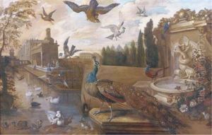 A Peacock, Swans, Ducks, Pheasants And Other Birds Near A Classical Fountain In A Park Landscape