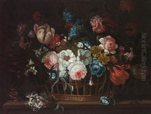 Roses, Carnations, Peonies, Tulips, Morning Glory And Other Flowers In A Basket On A Ledge
