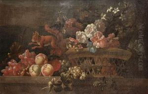 Roses, Chrysanthemums, Convulvulus And Other Flowers In A Basket With A Red Squirrel Climbing On Peaches And Grapes On A Table Top by Pieter Casteels III