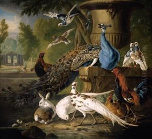 A Peacock, White Pheasants, A Cockerel, Chickens, Doves And A Rabbit Gathered Around A Stone Urn, A Parkland Setting Beyond by Pieter Casteels III