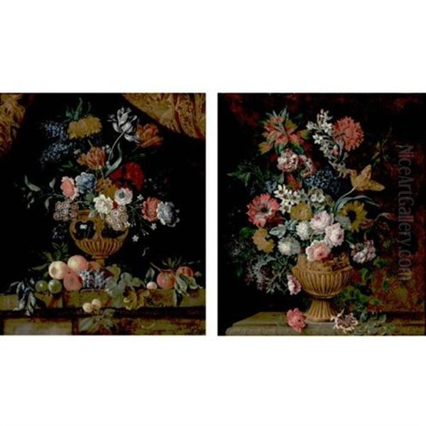 Still Life Of Various Flowers In An Ornate Vase Resting On A Ledge (+ Still Life Of Various Flowers In An Ornate Vase Resting On A Ledge Strewn With Fruit; Pair) - view 1