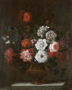 Chrysanthemums, Roses, A Peony And Other Flowers In A Bronze Urn On A Stone Ledge by Pieter Casteels III