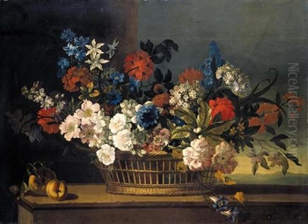 Still Life Of Flowers In A Basket Upon A Ledge - view 1