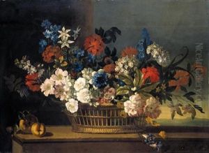 Still Life Of Flowers In A Basket Upon A Ledge by Pieter Casteels III