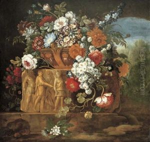 Roses, Peonies, Daisies And Other Flowers In A Sculpted Vase Resting On An Antique Frieze