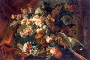 Roses, Parrot Tulips, Narcissi, Morning Glory And Other Flowers In A Vase With A Parrot On A Ledge by Pieter Casteels III
