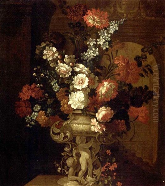 Mixed Flowers In A Sculpted Urn With Putti On A Ledge, In An Interior - view 1