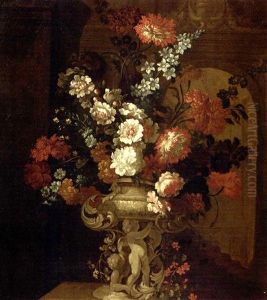Mixed Flowers In A Sculpted Urn With Putti On A Ledge, In An Interior