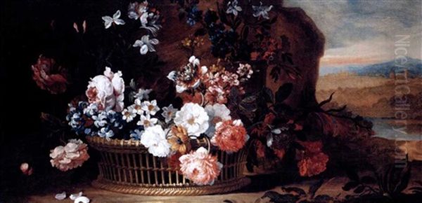 A Still Life Of Roses, Narcissi, Bluebells And Carnations In A Basket With A Distant Landscape Beyond - view 1
