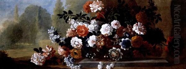 A Still Life Of Carnations, Roses And Other Flowers Loosely Arranged In A Basin, A Park Beyond - view 1