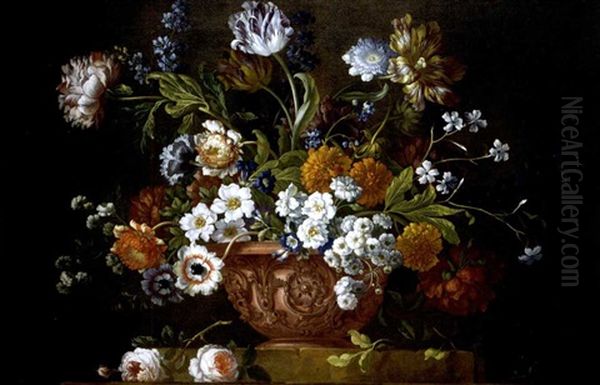 Still Life Of Roses, Variegated Tulips, Convolvuli, Peonies And Other Flowers In An Elaborate Terracotta Bowl, Resting On A Stone Socle - view 1