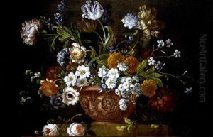 Still Life Of Roses, Variegated Tulips, Convolvuli, Peonies And Other Flowers In An Elaborate Terracotta Bowl, Resting On A Stone Socle
