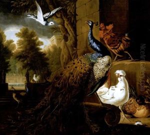 A Peacock And Chickens With Other Birds Beyond In The Garden Of A Neoclassical Villa