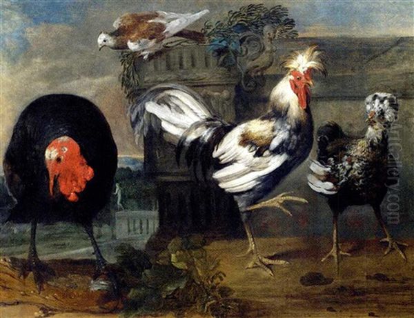 Two Crested Chickens, A Turkey And A Dove In An Architectural Landscape - view 1