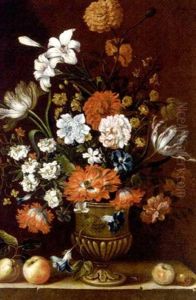 Tulips, Peonies, Lilies And Other Flowers In An Urn With Fruit On A Ledge