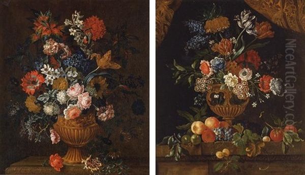 Still Life Of Various Flowers In An Ornate Vase Resting On A Ledge - view 1