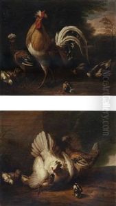 A Cockerel, A Duck And Other Birds And Chicks In A Wooded Landscape by Pieter Casteels III