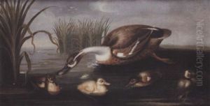 A Duck And Her Four Ducklings In A Stream Amongst Reeds by Pieter Casteels III