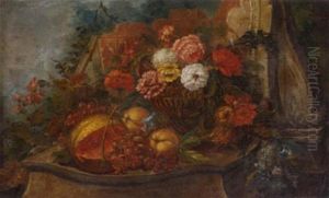 A Melon, Grapes On The Vine, Peaches And Mixed Flowers In An Urn On A Stone Ledge In A Garden