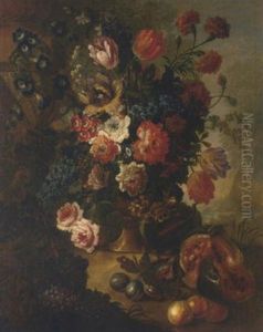 Tulips, Carnations, Peonies And Other Flowers In An Urn, With Plums, Peaches And A Watermelon In A Landscape