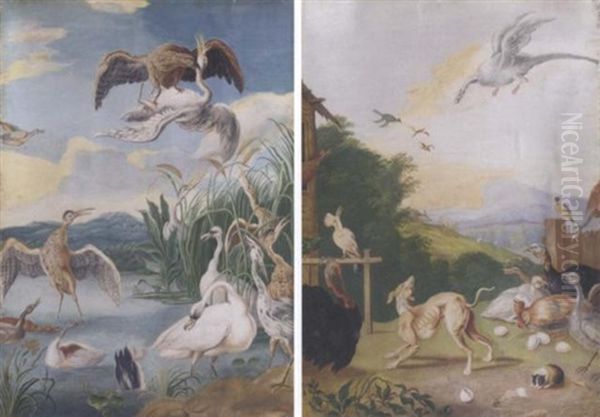 An Eagle Catching A Heron In Flight, Herons And Other Wildfowl On A Pond Below - view 1