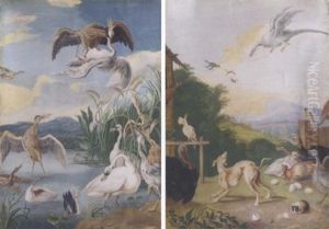 An Eagle Catching A Heron In Flight, Herons And Other Wildfowl On A Pond Below