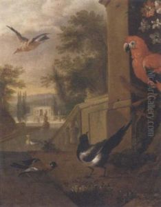 A Magpie, A Parrot, A Goldfinch And Other Birds In An Italianate Garden