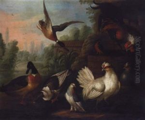 A Still Life With Chickens, Ducks, A Kingfisher And A Pigeon In A River Landscape