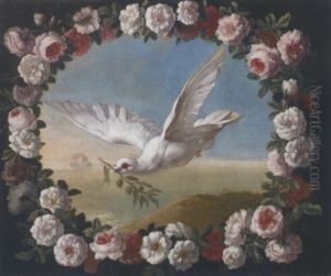 An Allegory Of Peace: A Dove Carrying An Olive Branch With The Ark Beyond, In A Floral Cartouche by Pieter Casteels III