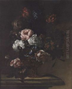 Narcissi, Delphiniums, Tulips, Morning Glory And Other Flowers In An Urn Upon A Stone Ledge Narcissi, Delphiniums, Tulips, Morning Glory And Other Flowers In An Urn Upon A Stone Ledge