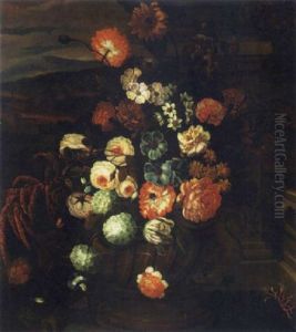 A Sunflower, Tulip, Narcissi, Peonies, Carnations And Other Flowers In An Urn, A Landscape Beyond A Sunflower, Tulip, Narcissi, Peonies, Carnations And Other Flowers In An Urn, A Landscape Beyond