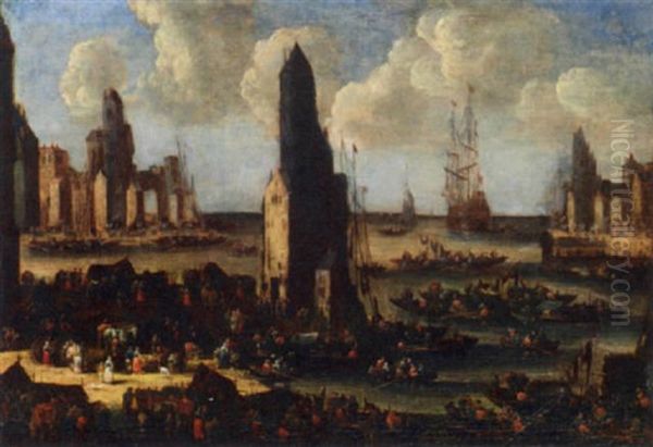 A Capriccio Of A Mediterranean Harbor Scene With Numerous Figures On The Quayside, Merchant And Other Vessels In An Estuary - view 1