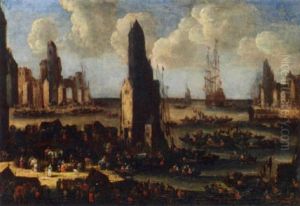 A Capriccio Of A Mediterranean Harbor Scene With Numerous Figures On The Quayside, Merchant And Other Vessels In An Estuary by Pieter Casteels III