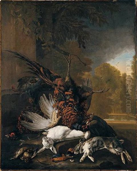 Still Life Of Pheasants, Rabbits, A Finch, Kingfisher And Sparrows (?) In A Landscape - view 1