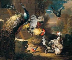 A Still Life Of Fowl, With A Cat Chasing Bantams From A Chicken Coop, A Peacock In The Foreground by Pieter Casteels III