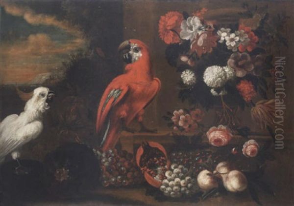 A Scarlet Macaw And A Cockatoo In A Landscape With Melons, Black And White Grapes, A Pomegranate And Peaches With A Vase Of Mixed Flowers On A Ledge - view 1