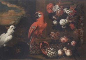 A Scarlet Macaw And A Cockatoo In A Landscape With Melons, Black And White Grapes, A Pomegranate And Peaches With A Vase Of Mixed Flowers On A Ledge