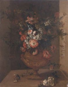Carnations, Tulips, Narcissi, Morning Glory And Other Flowers In A Vase On A Ledge by Pieter Casteels III