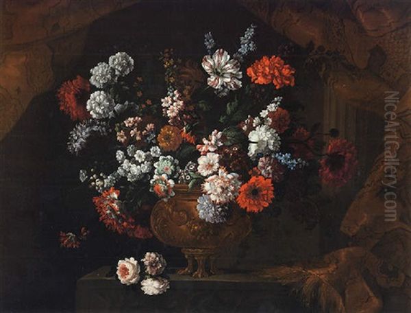 A Still Life Of Flowers In A Gilt Urn, Resting Upon A Stone Ledge - view 1