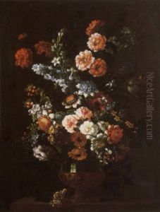 Delphiniums, Roses, Tulips, Honeysuckle And Blossom In A Pedestal Vase On A Stone Ledge by Pieter Casteels III