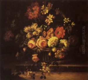Roses, Carnations, Morning Glory, Honeysuckle And Other Flowers In A Straw Basket On A Stone Plinth
