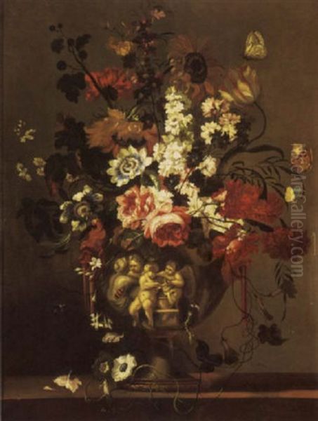 Passion Flowers, Sunflowers And Other Flowers In A Silver Vase, Surrounded By Butterflies, A Bee And A Caterpillar, On A Stone Ledge - view 1