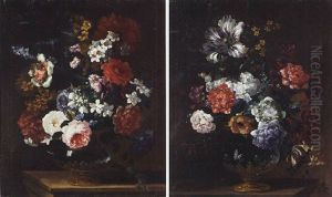 Roses, Anemones, Narcissi And Other Flowers In An Ormolu-mounted Vase On A Table by Pieter Casteels III